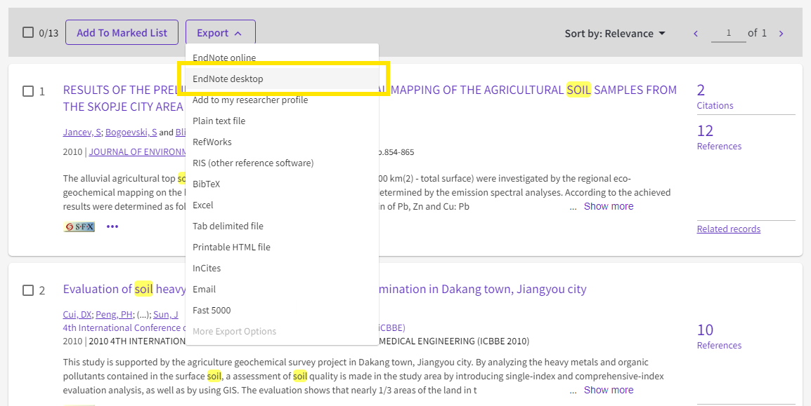 screenshot of WoS - saving references to EndNote